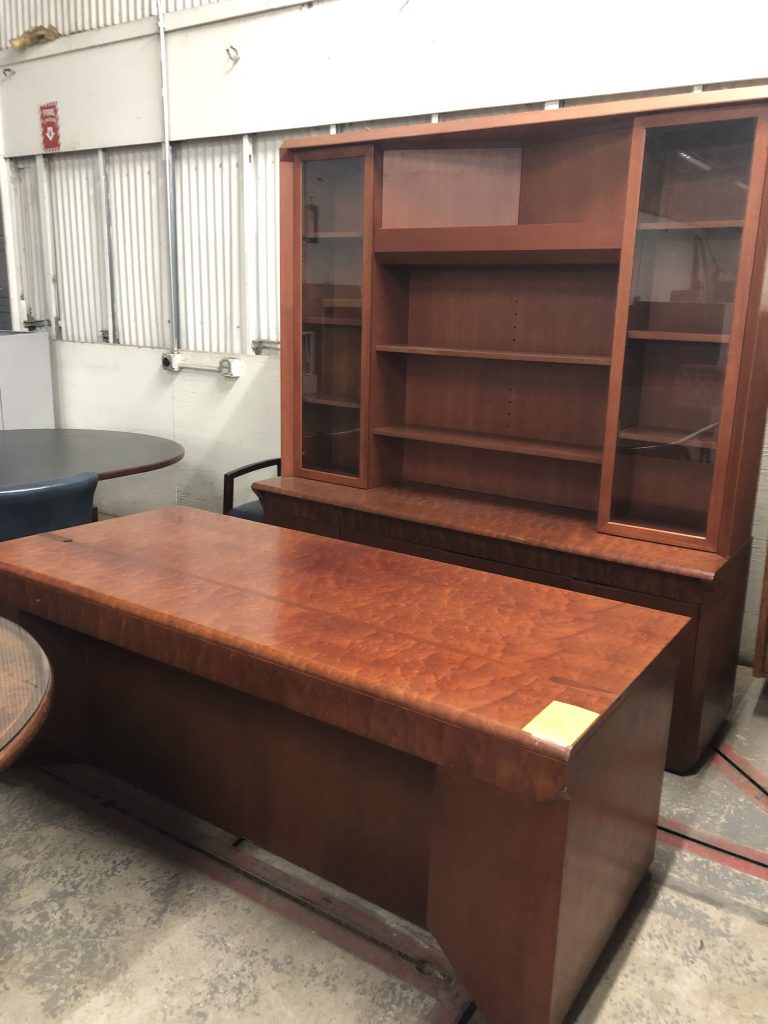 Preowned Transitional Burrell Wood Grain Executive Desk w/ Matching Credenza & Glass Hutch